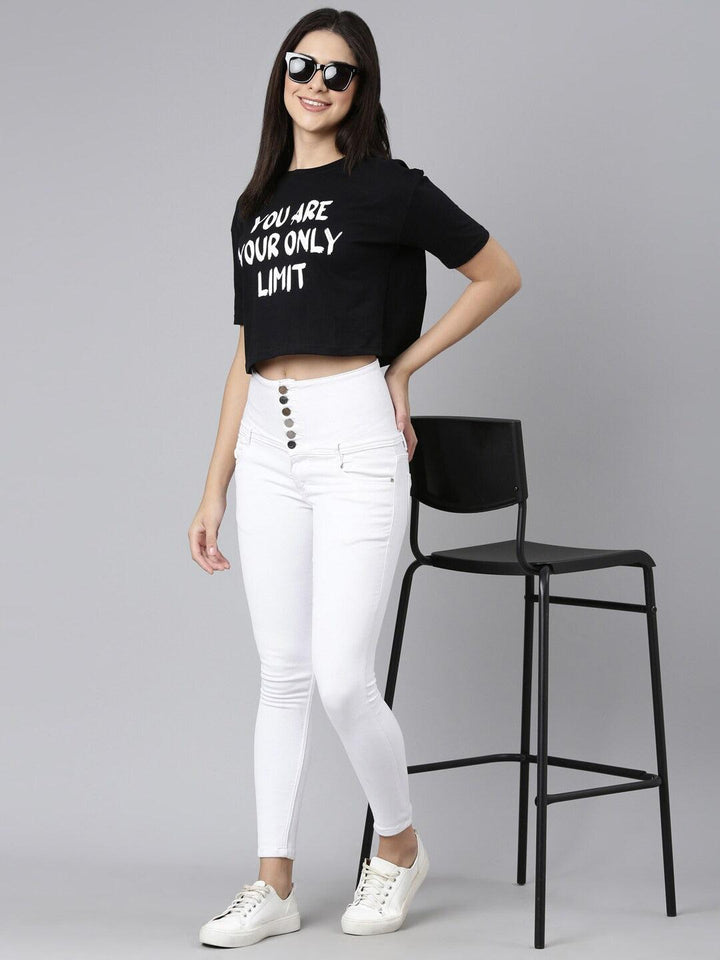 Women Typography Printed Oversized Drop-Shoulder Sleeves Cropped Pure Cotton T-shirt - Kryptic Fashions