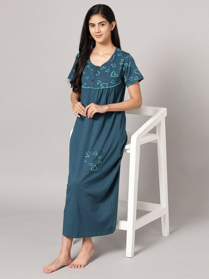 Women Pure Cotton Printed Round Neck Nightdress - Kryptic Fashions