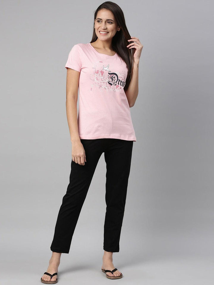 Women Printed Round Neck Pure Cotton Lounge T-shirt - Kryptic Fashions