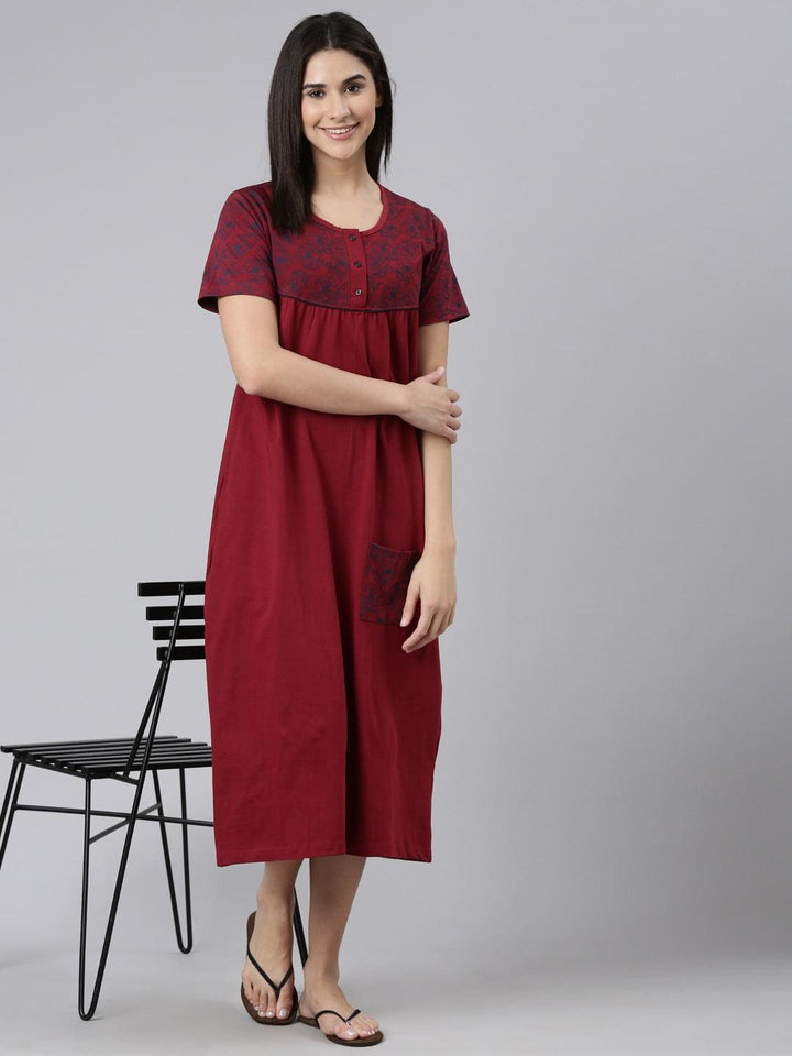 Women Pure Cotton Printed Round Neck Nightdress - Kryptic Fashions