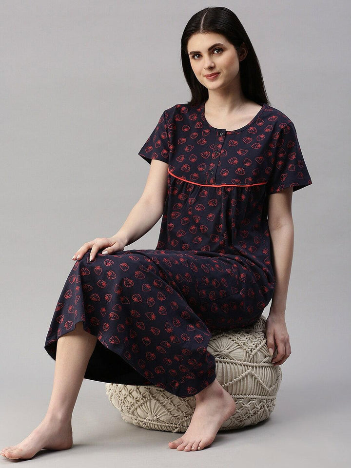 Women Pure Cotton Printed Round Neck Nightdress - Kryptic Fashions