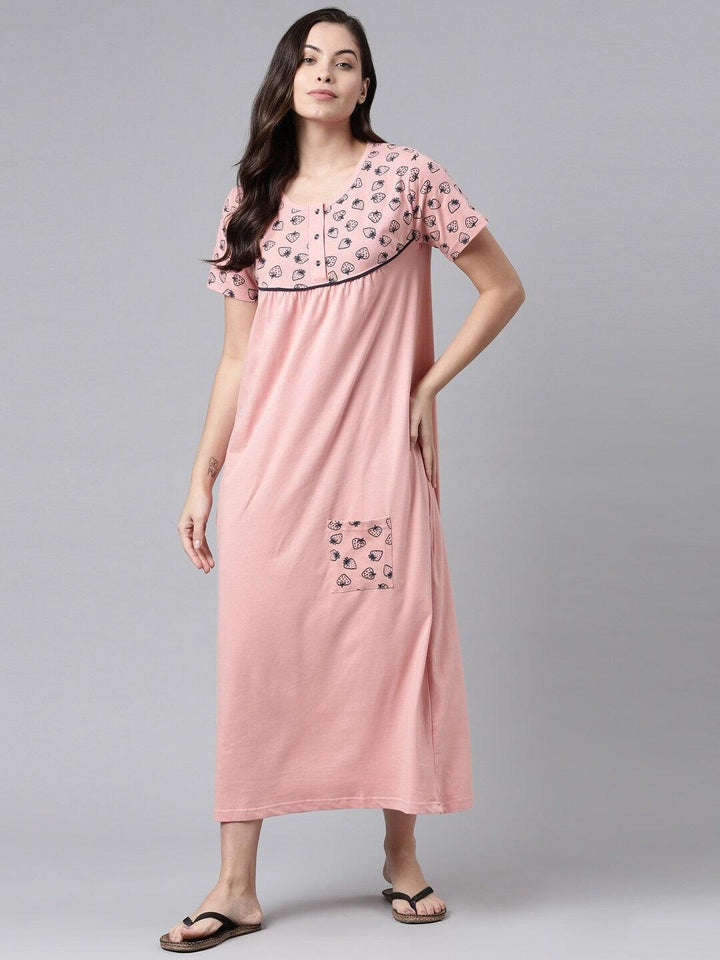 Women Pure Cotton Printed Round Neck Nightdress - Kryptic Fashions