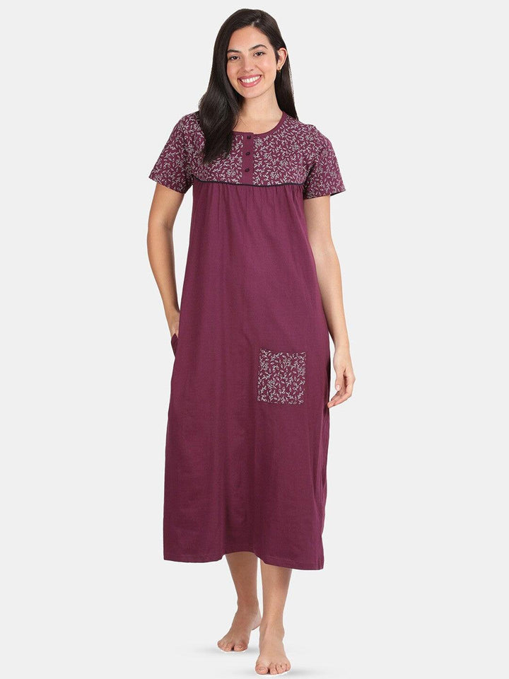 Women Pure Cotton Printed Round Neck Nightdress - Kryptic Fashions