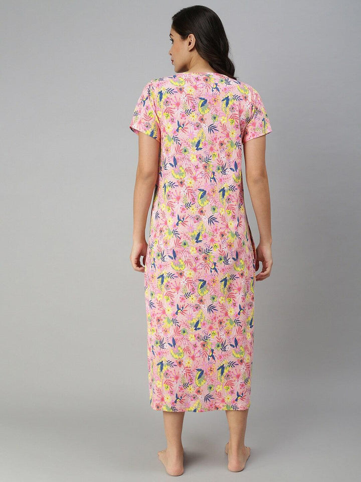 Women Pure Cotton Printed Round Neck Nightdress - Kryptic Fashions