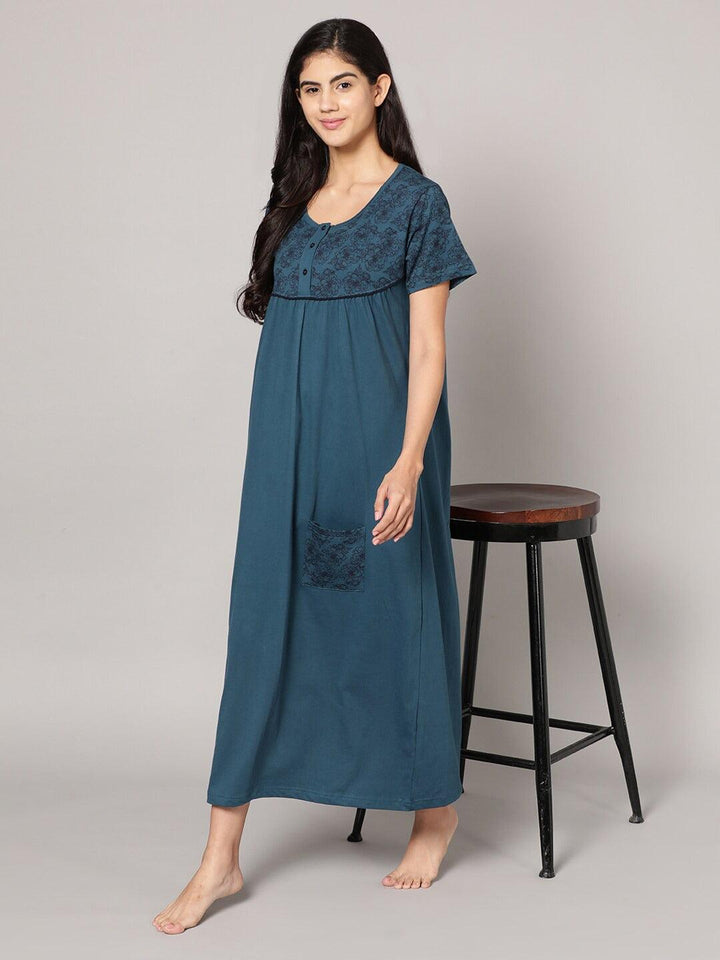 Women Pure Cotton Printed Round Neck Nightdress - Kryptic Fashions