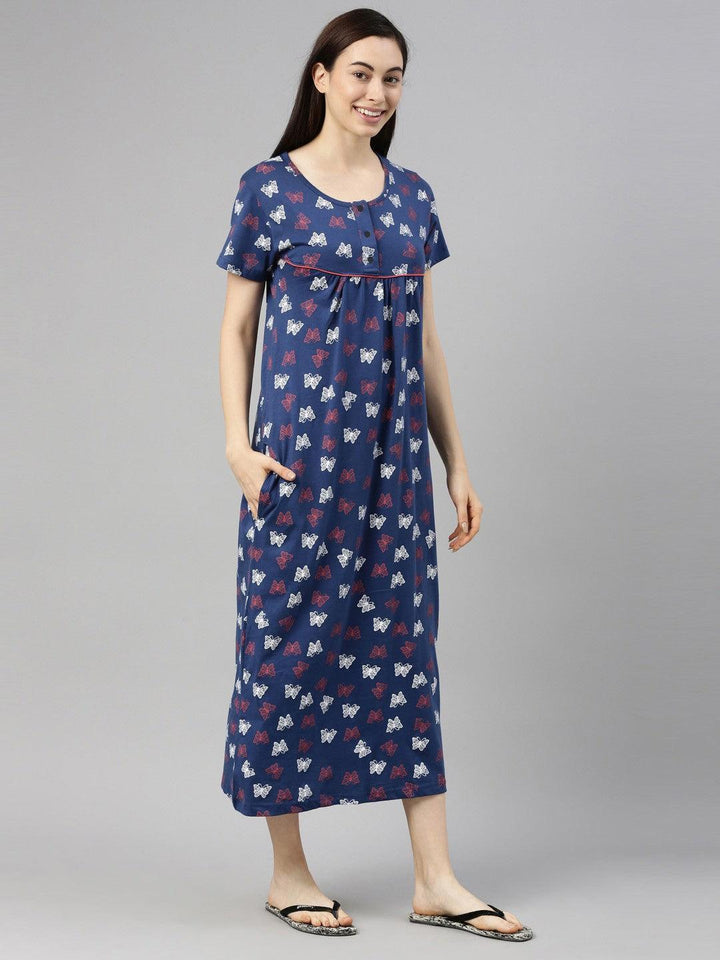 Women Pure Cotton Printed Round Neck Nightdress - Kryptic Fashions