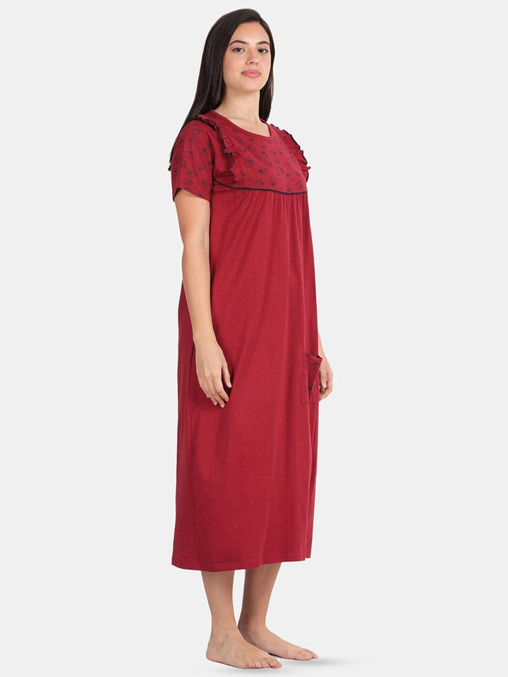 Women Pure Cotton Printed Round Neck Nightdress - Kryptic Fashions