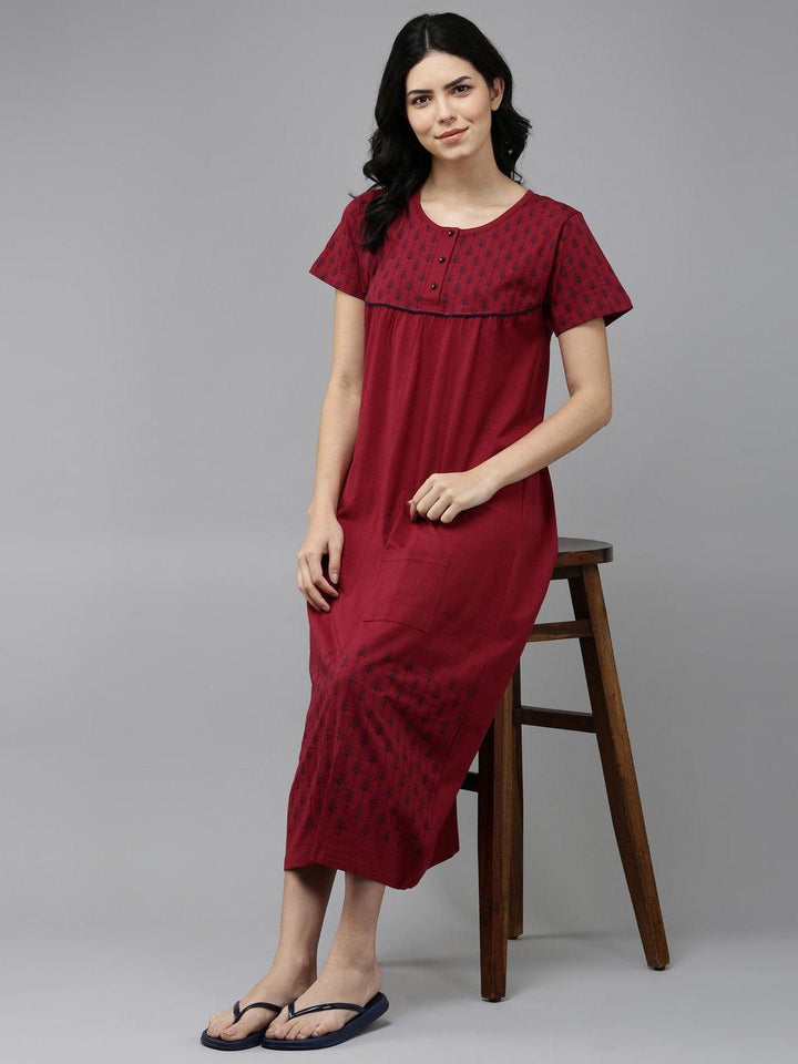 Women Pure Cotton Printed Round Neck Nightdress - Kryptic Fashions