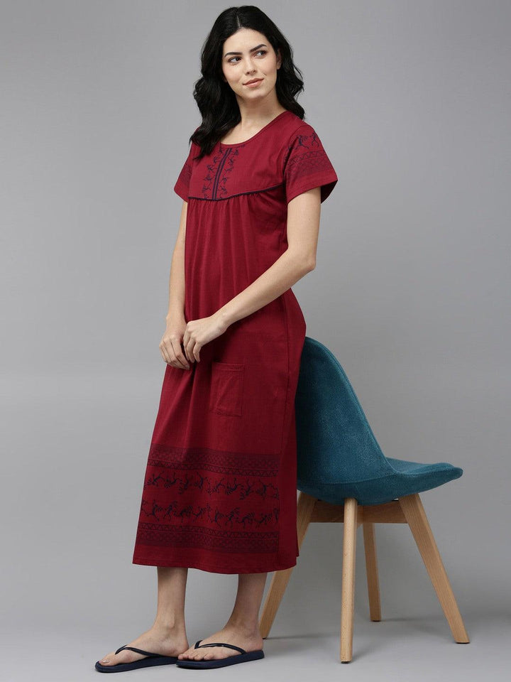 Women Pure Cotton Printed Round Neck Nightdress - Kryptic Fashions