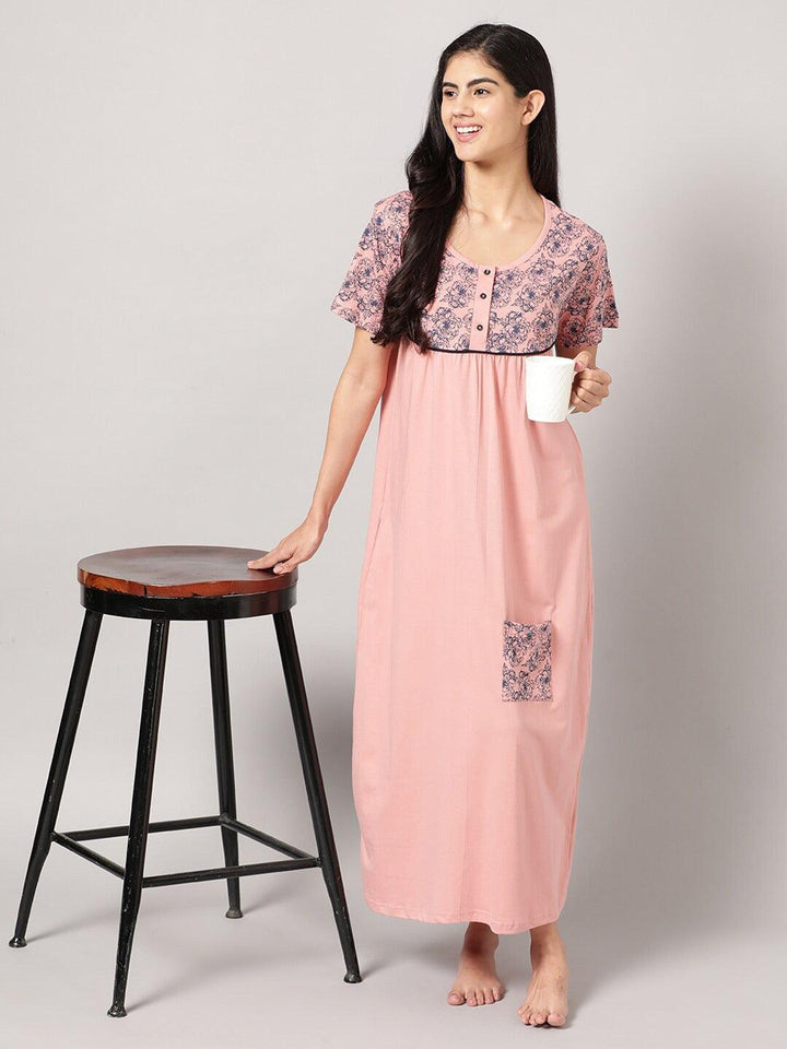 Women Pure Cotton Printed Round Neck Nightdress - Kryptic Fashions