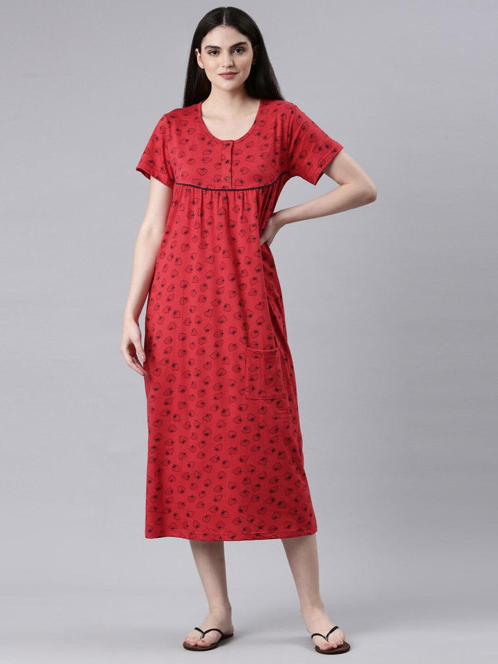 Women Pure Cotton Printed Round Neck Nightdress - Kryptic Fashions