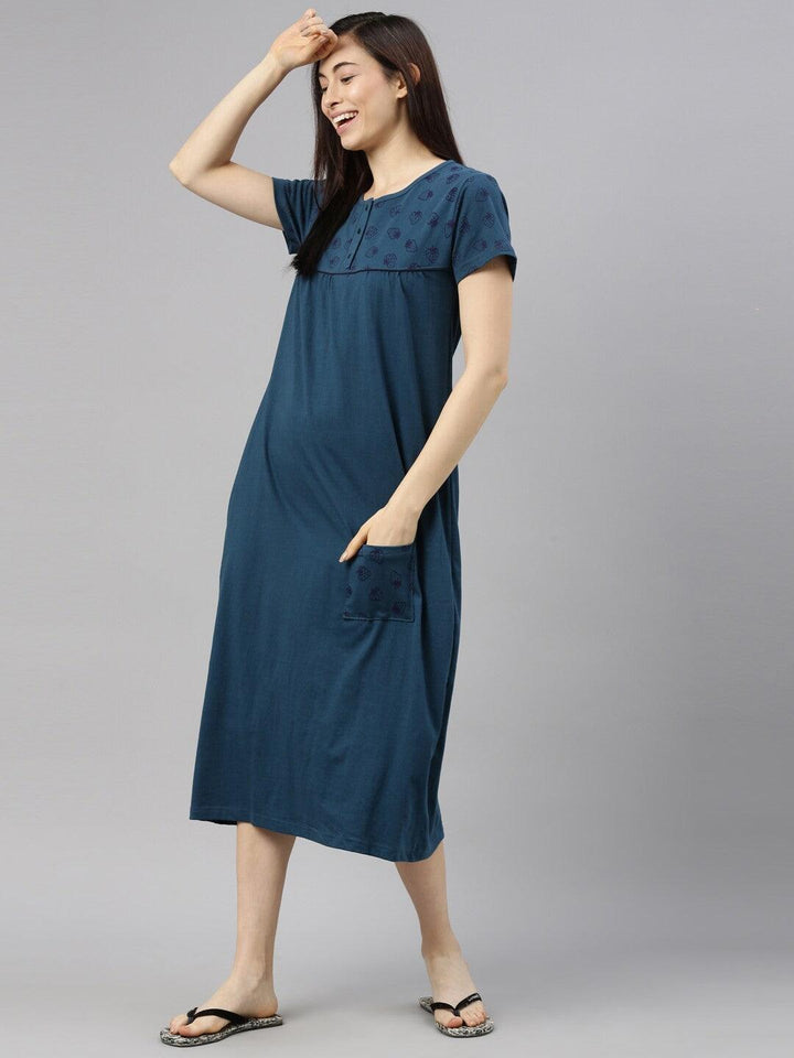 Women Pure Cotton Printed Round Neck Nightdress - Kryptic Fashions