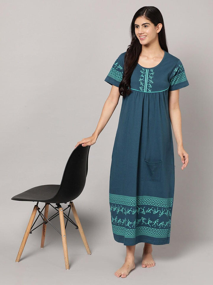 Women Pure Cotton Printed Round Neck Nightdress - Kryptic Fashions