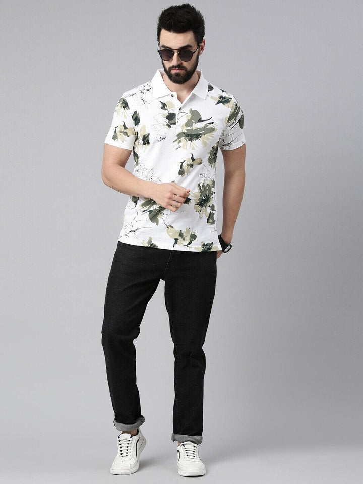 Men Floral Printed Polo Collar Pure Cotton T-shirt - Kryptic Fashions