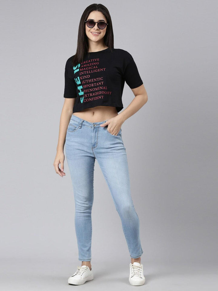 Women Typography Printed Drop-Shoulder Sleeves Cropped Pure Cotton T-shirt - Kryptic Fashions