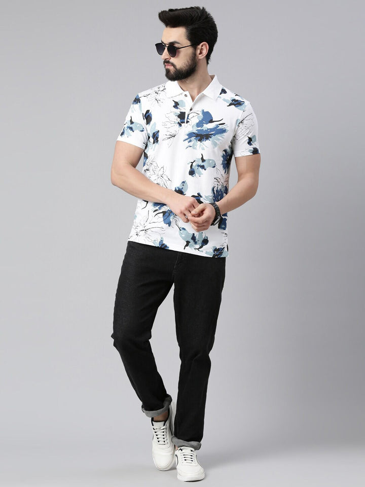 Men Floral Printed Polo Collar Pure Cotton T-shirt - Kryptic Fashions