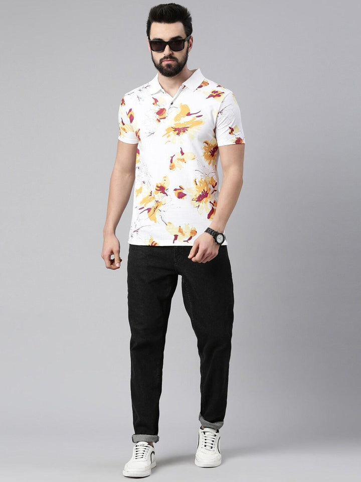 Men Floral Printed Polo Collar Pure Cotton T-shirt - Kryptic Fashions