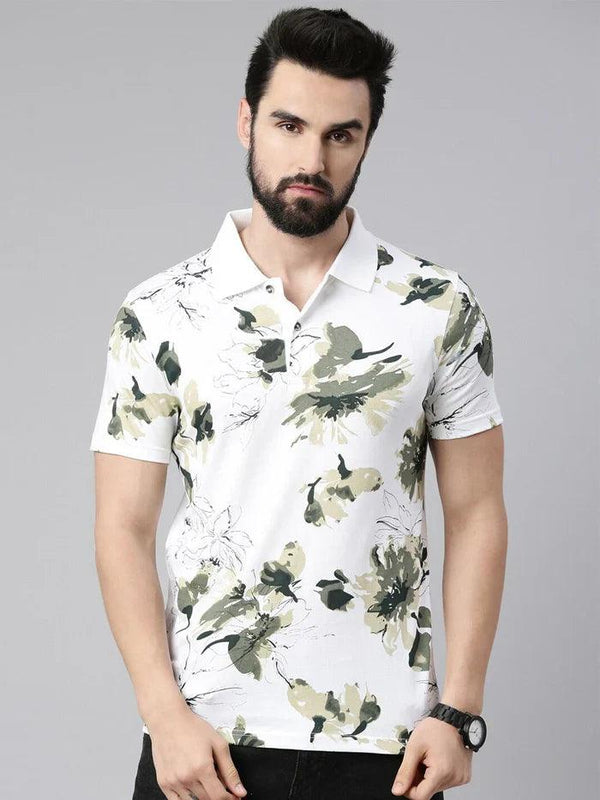 Men Floral Printed Polo Collar Pure Cotton T-shirt - Kryptic Fashions