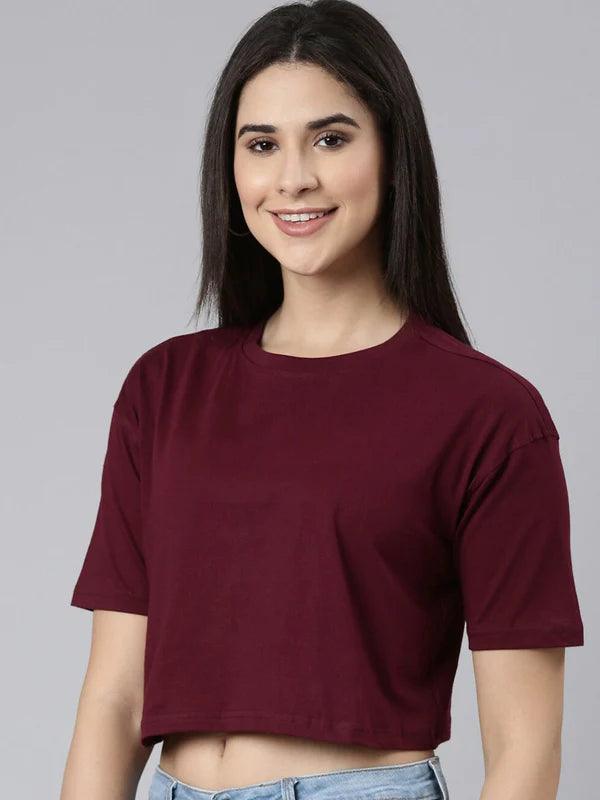 Women Drop-Shoulder Sleeves Oversized Cropped Pure Cotton T-shirt - Kryptic Fashions