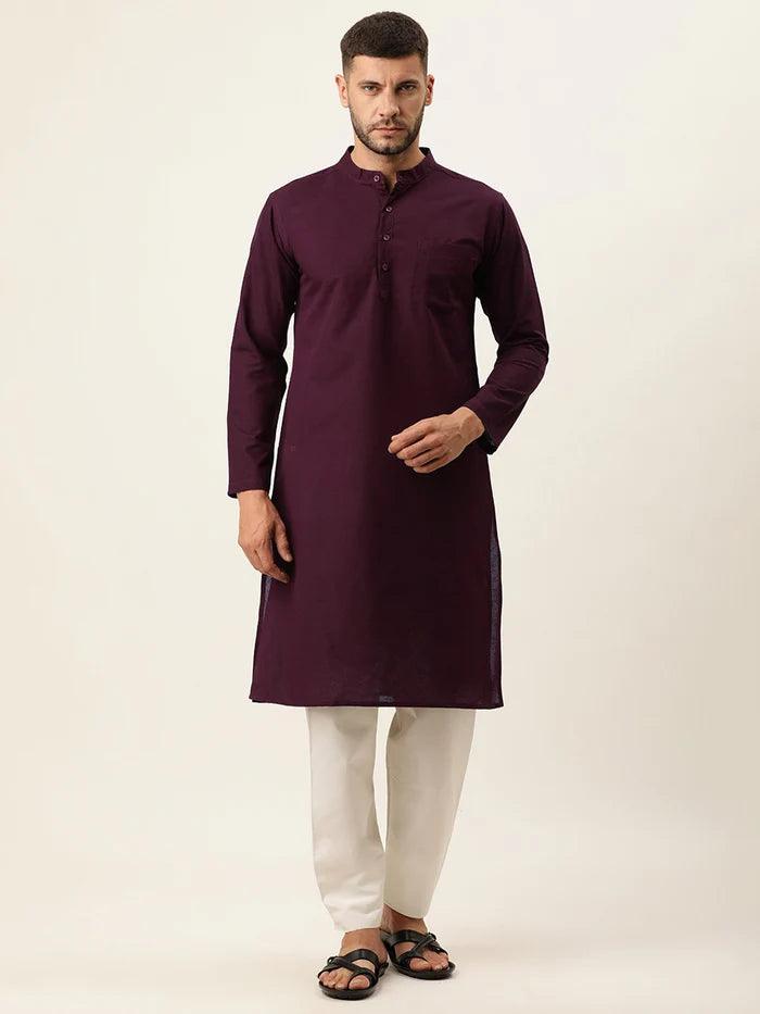 Men Cotton Mandarin Collar Long Sleeves Straight Kurta - Kryptic Fashions