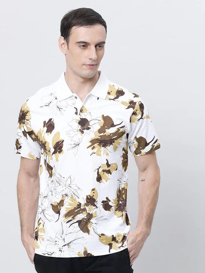 Men Floral Printed Polo Collar Pure Cotton T-shirt - Kryptic Fashions