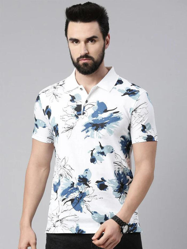 Men Floral Printed Polo Collar Pure Cotton T-shirt - Kryptic Fashions