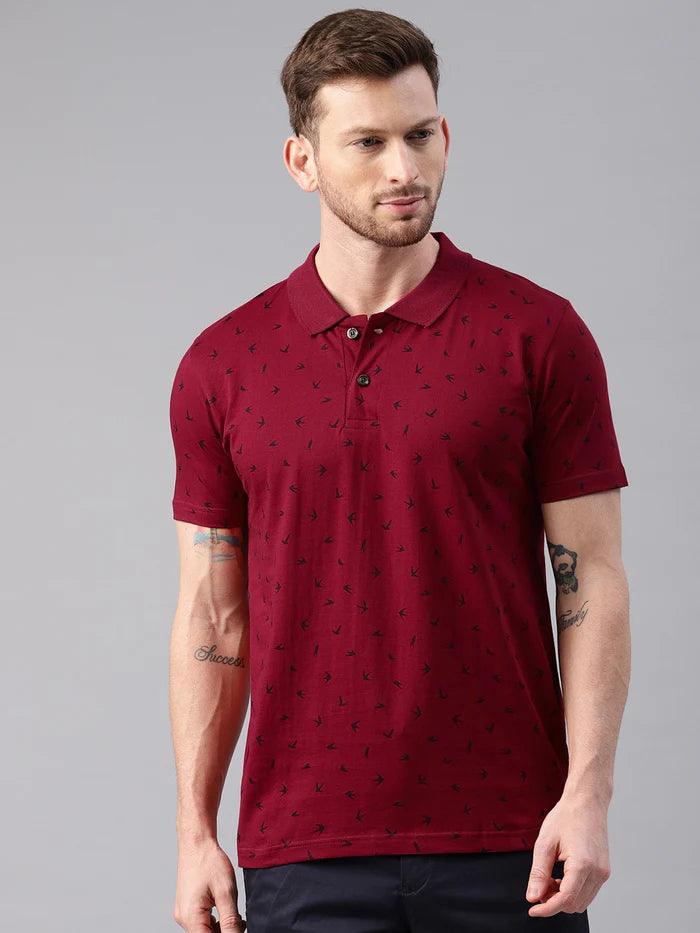 Men Birds Printed Pure Cotton Polo Collar Tshirts - Kryptic Fashions