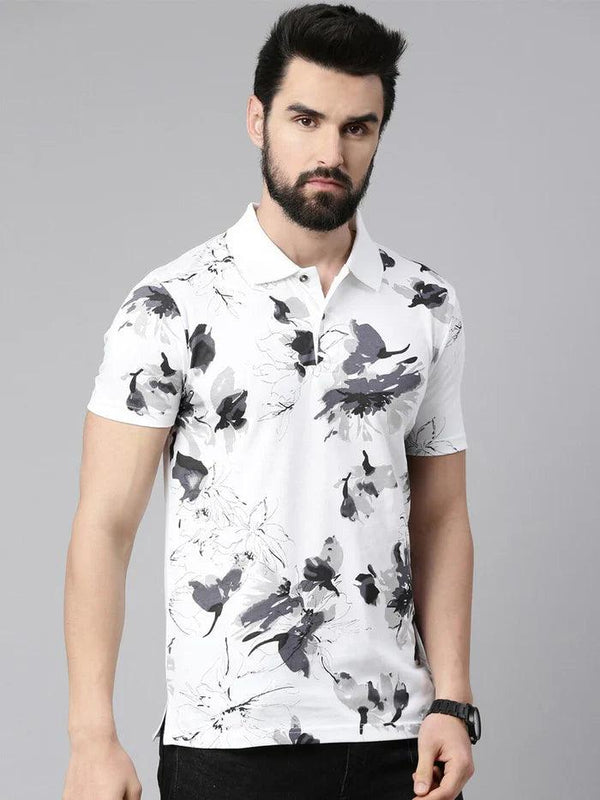 Men Floral Printed Polo Collar Pure Cotton T-shirt - Kryptic Fashions