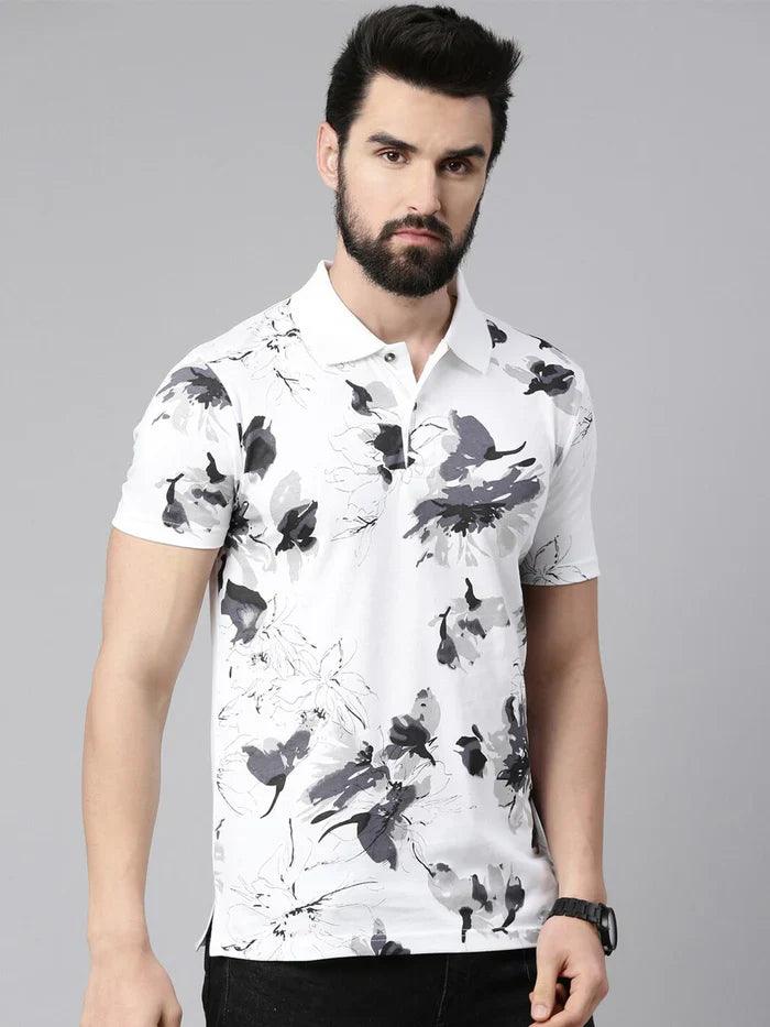 Men Floral Printed Polo Collar Pure Cotton T-shirt - Kryptic Fashions