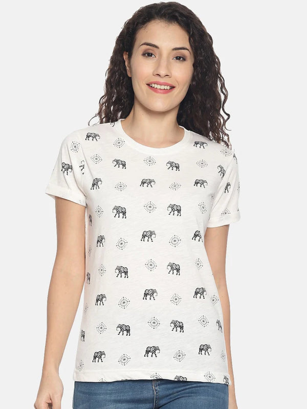 Women Printed Round Neck Pure Cotton T-shirt - Kryptic Fashions