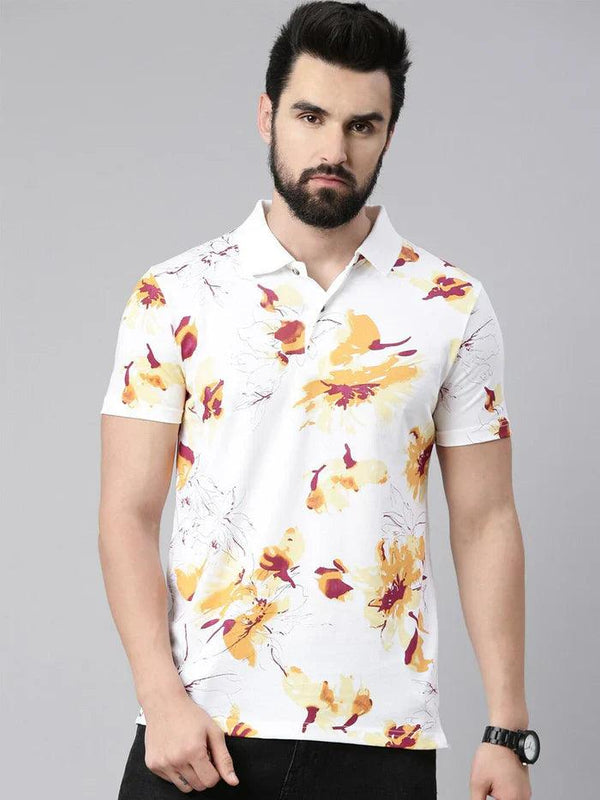 Men Floral Printed Polo Collar Pure Cotton T-shirt - Kryptic Fashions