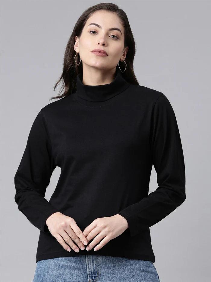 Women Cotton Stretch Solid High Neck T-shirt - Kryptic Fashions